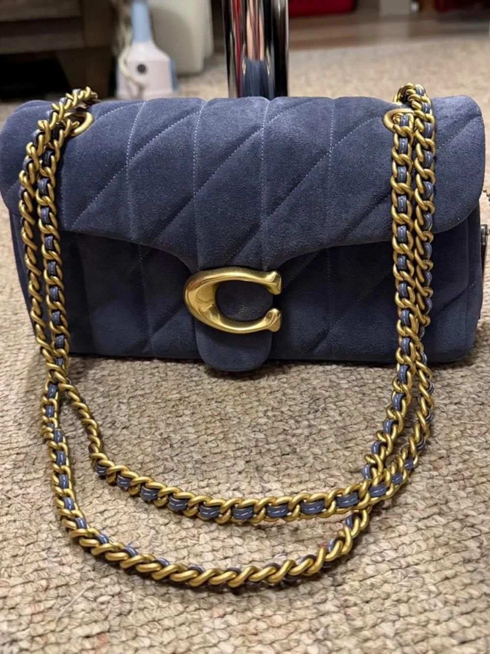 Coach Tabby 26 Quilted Blue Suede Shoulder Bag with Gold Hardware - New